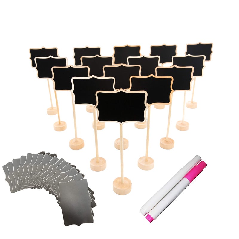 DSTELIN 15 Pack Wood Mini Chalkboard Signs (Water-Based Chalk and Replacement Stickers Are Included) Small Rectangle Chalkboards Blackboard for Weddings, Message Board Signs and Special Event Decorations - Image 1